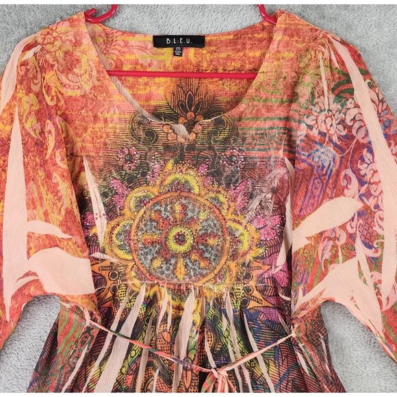 BLEU Shirt Womens Medium Multicolor Paisley Beaded Boho Long Sleeve Tunic Blouse - Picture 6 of 11